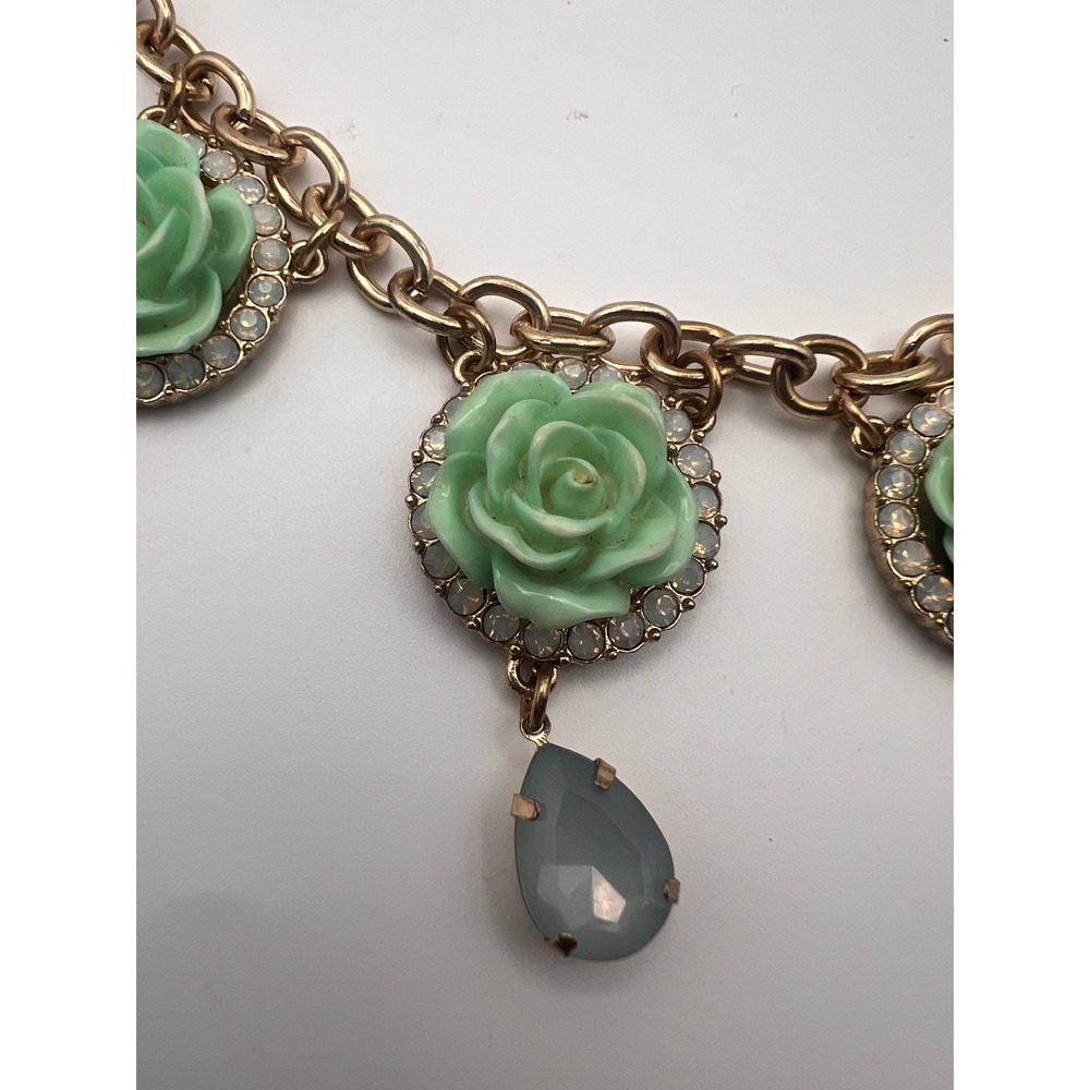 Mint Green Rose Rhinestone Statement Necklace Gold Tone Blue Teardrop Charms - Picture 2 of 9